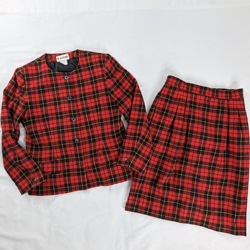 VTG Two Piece Red Black Wool Tartan Plaid Blazer Skirt Set Academia Corpcore